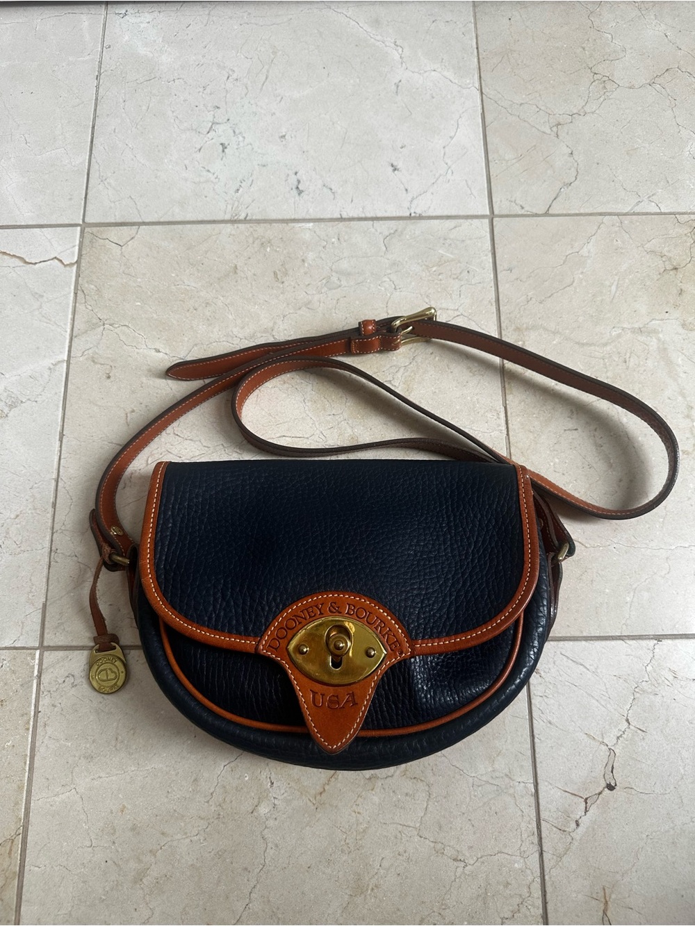 Vintage Dooney & Bourke Navy Leather Saddle Crossbody with Tan Trim